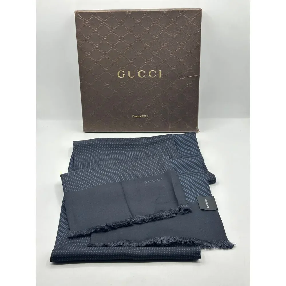 GUCCI Reversible Silk Ascot Skinny Scarf Navy Blue Made in Italy 52